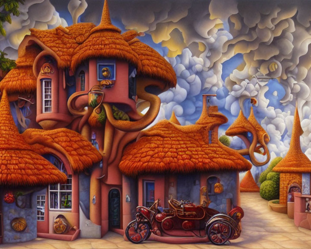 Whimsical mushroom-shaped houses in surreal landscape