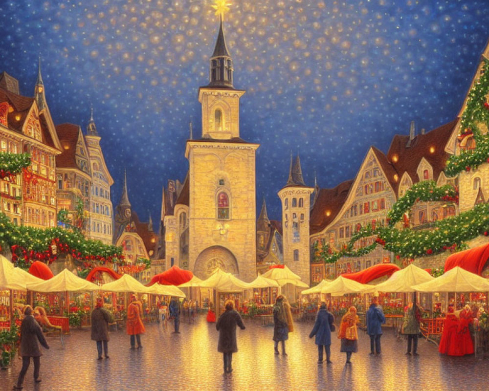 Colorful Christmas Market at Night: Festive Stalls, Decorations, and Crowd in Town Square