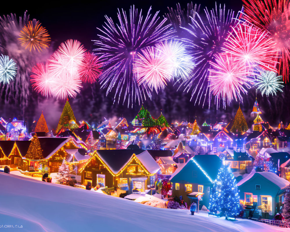 Colorful fireworks over snowy village with Christmas decorations