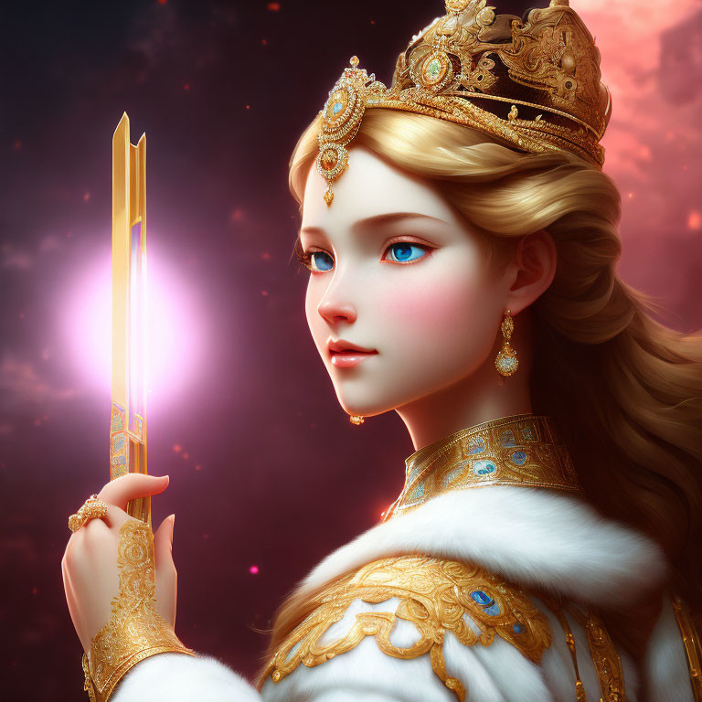 Regal woman with blue eyes holding glowing sword against pink celestial backdrop