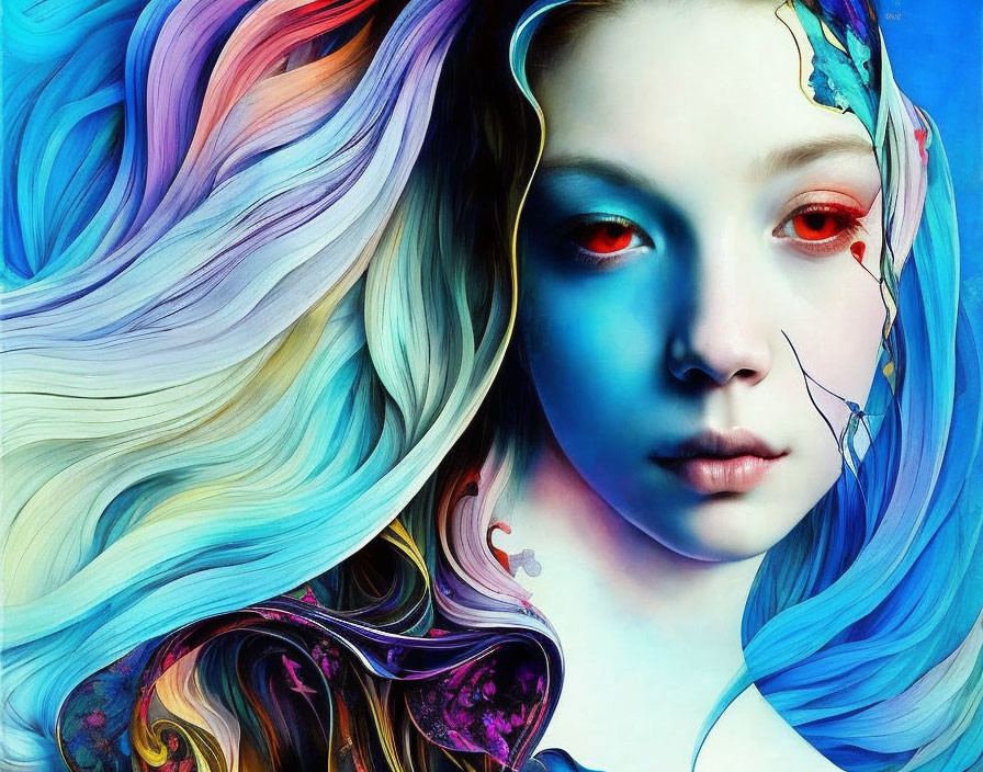 Vibrant portrait of female figure with colorful hair and blue skin