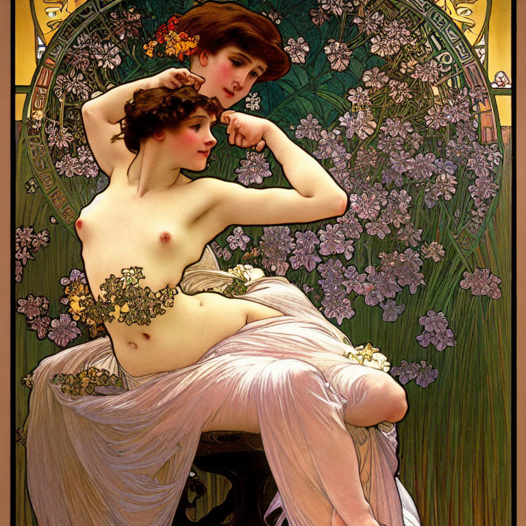 Art Nouveau style illustration of two women in floral setting