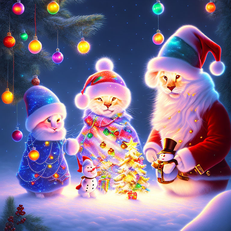 Three Cats in Festive Clothing Under Colorful Night Sky