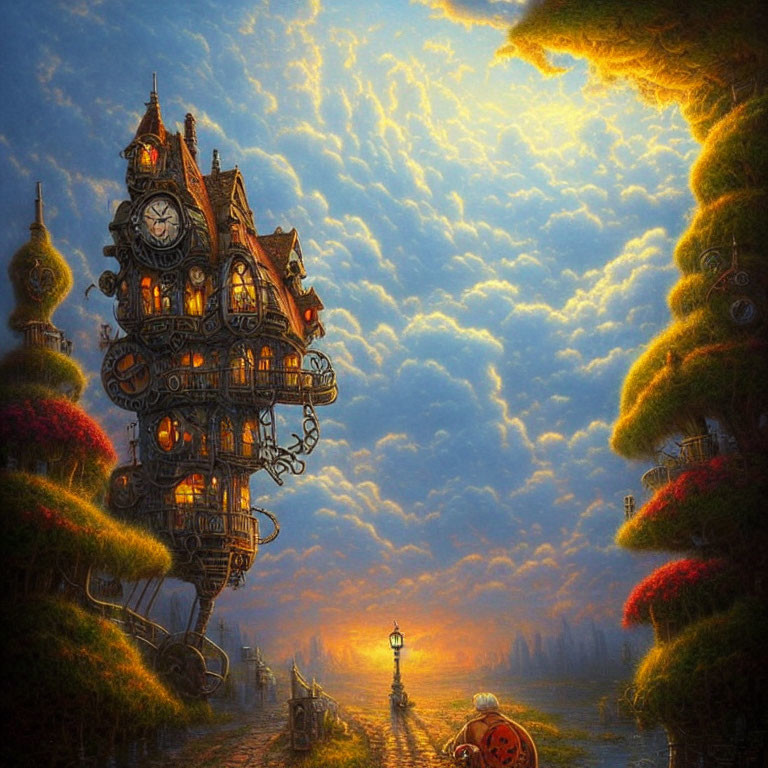 Ethereal fantasy landscape with clock tower house, vibrant clouds, greenery, and solitary figure