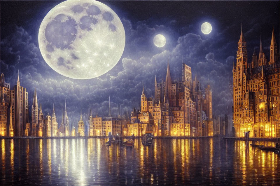 Detailed Night Cityscape with Three Moons and Gothic Buildings