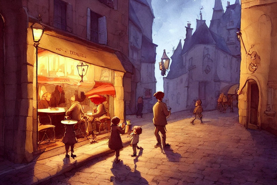 Warmly lit café in evening street scene with old buildings and cobblestone paths.