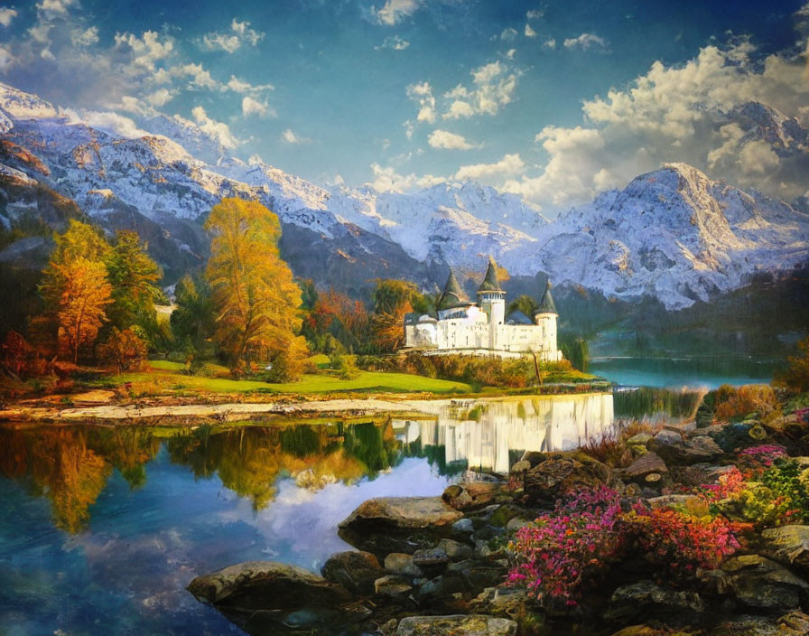 White castle in autumn landscape with lake, mountains, and cloudy sky