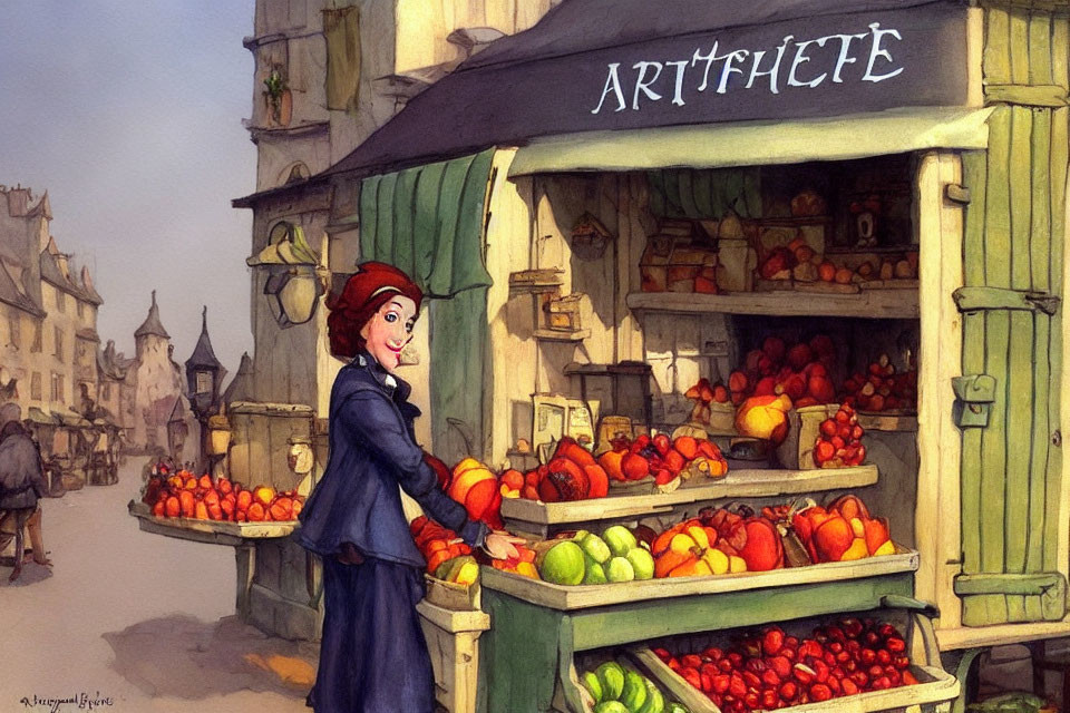 Smiling woman in blue dress shopping at "ARTIFLETTE" fruit stand