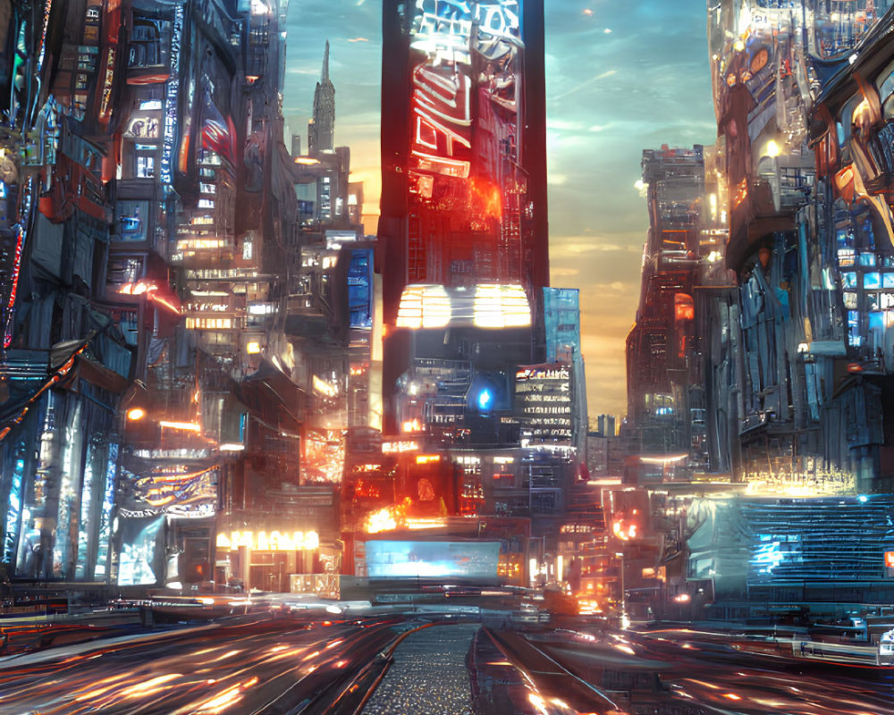 Futuristic cityscape at night with neon signs and skyscrapers