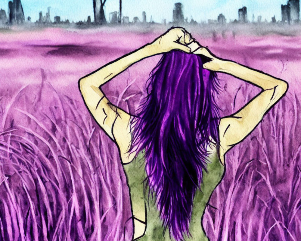 Purple-haired person in field forms heart shape with city skyline and windmills in background