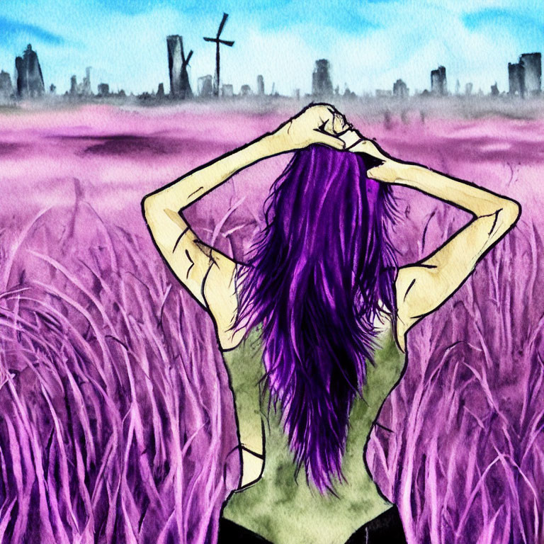Purple-haired person in field forms heart shape with city skyline and windmills in background