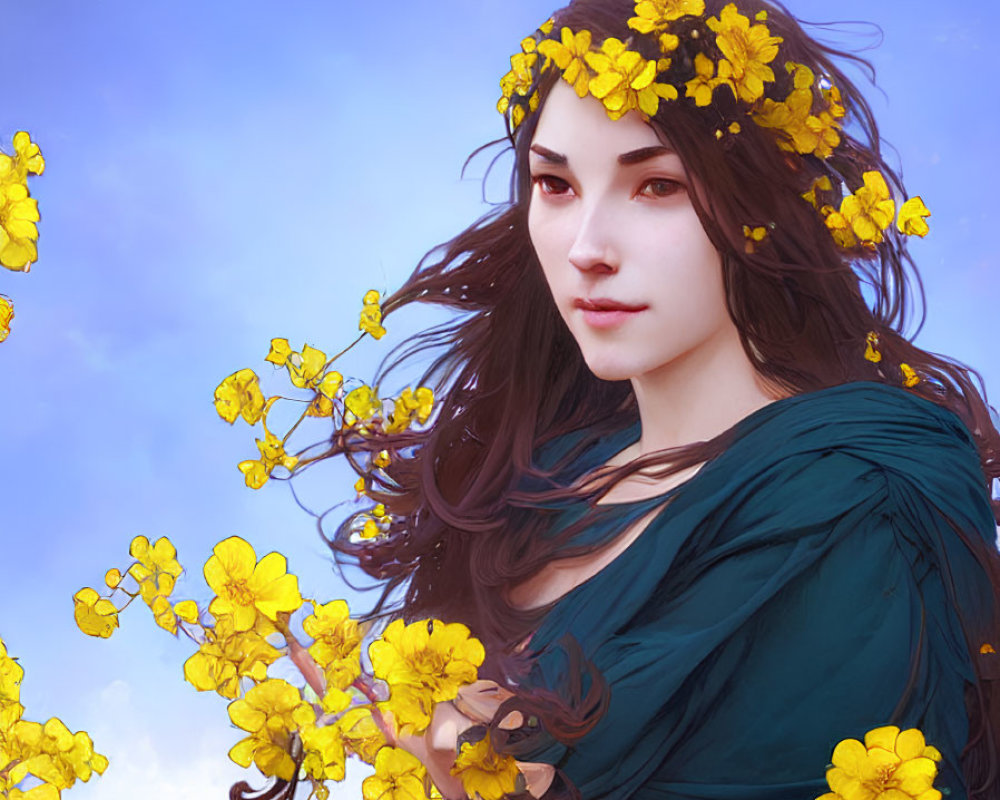Digital Artwork: Woman with Dark Hair and Yellow Flowers in Green Garment