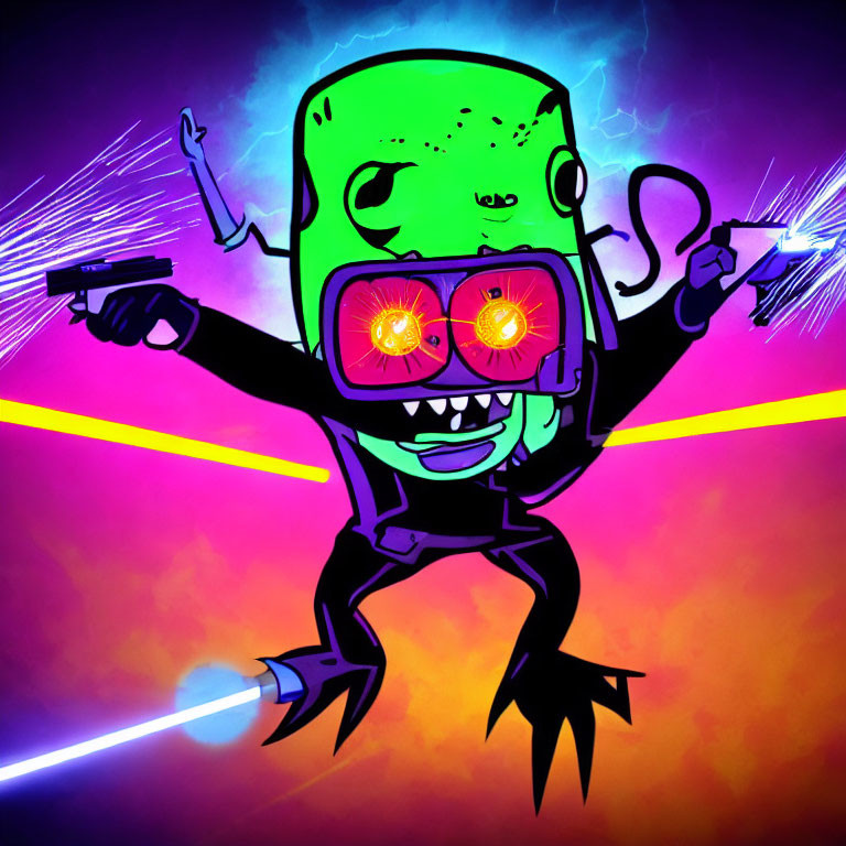 Colorful Cartoon Alien with Boombox Eyes and Blasters in Neon Laser Background