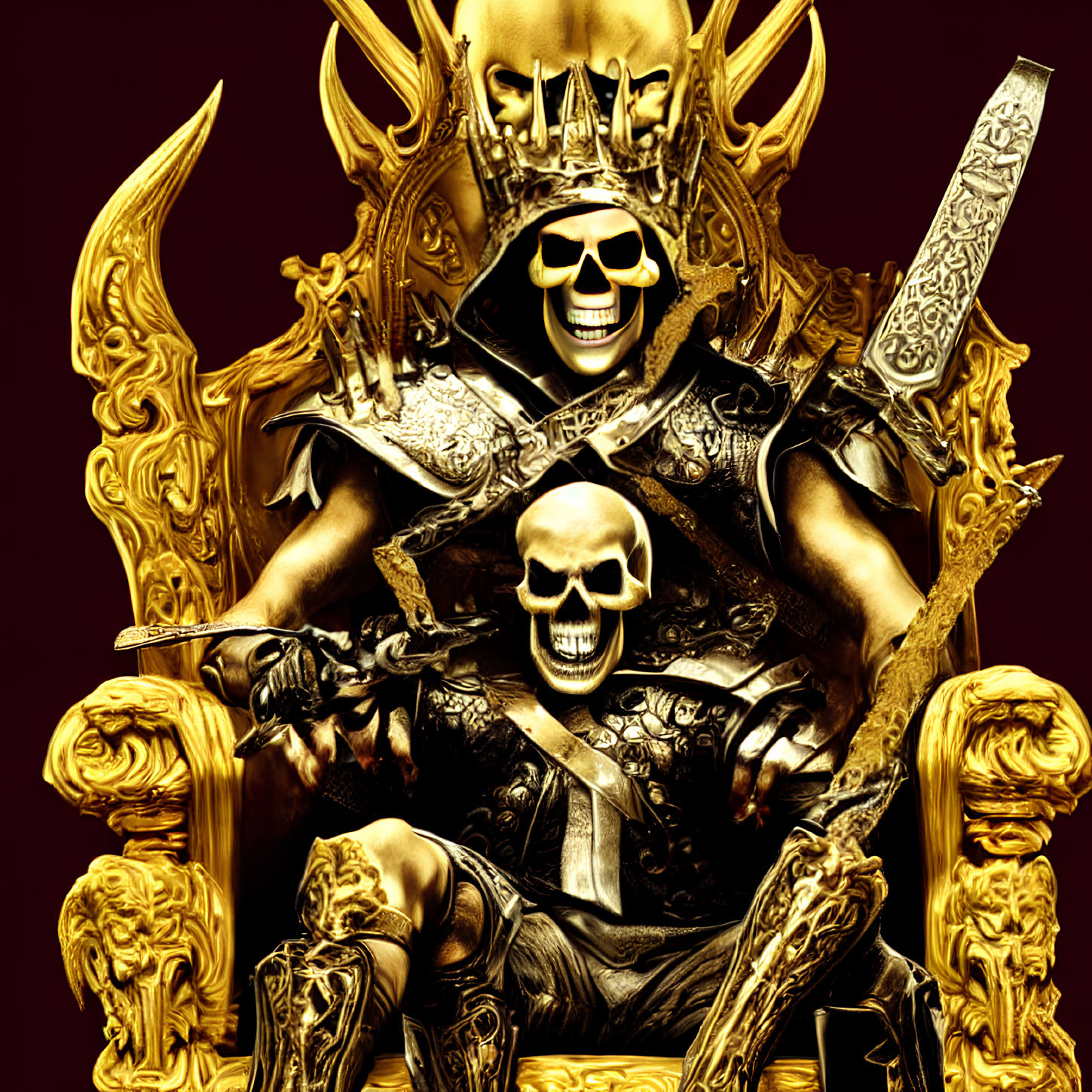 Golden skeleton in intricate armor wields sword amidst menacing skull motifs