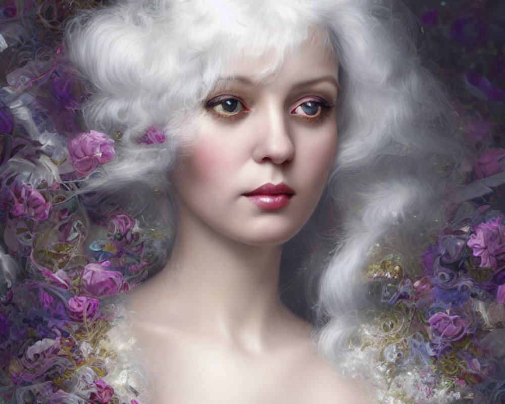 Portrait of woman with rabbit ears and white hair in floral setting against starry backdrop