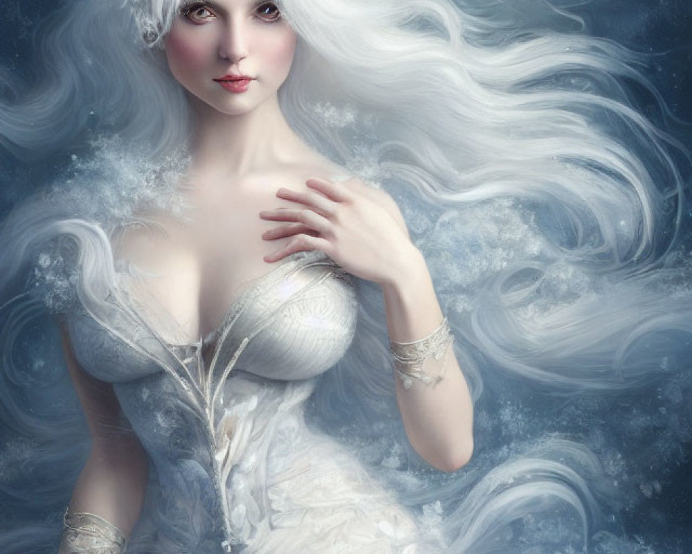 Pale woman with white hair and gown in fantasy ice queen setting against ethereal background