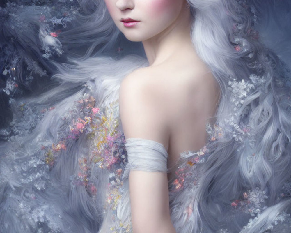 White-haired woman with golden crown in ethereal setting