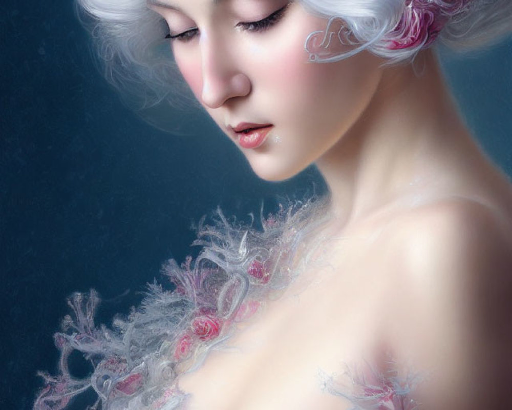 Portrait of Woman with Pale Skin, White Curly Hair, Pink Roses, and Floral Lace Garment