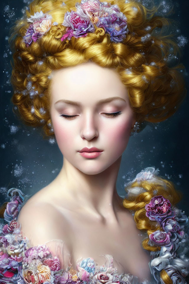 Illustrated portrait of woman with golden curls and flowers on dark background