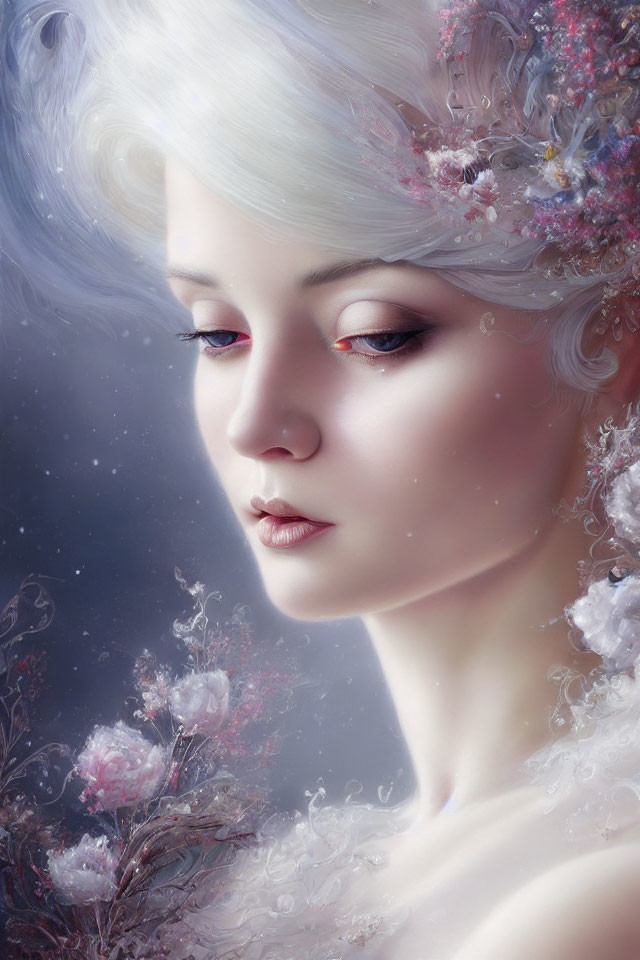 Portrait of woman with ethereal beauty, pale skin, rosy cheeks, red eyelids, delicate