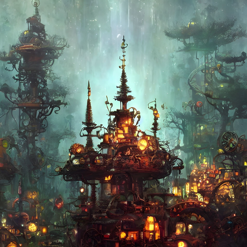 Fantasy Cityscape with Illuminated Structures in Misty Setting