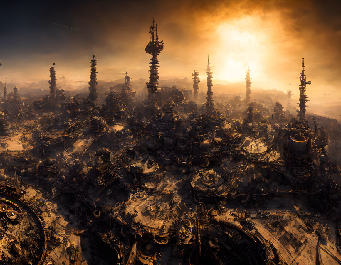 Dystopian landscape with dark towers under blazing sun