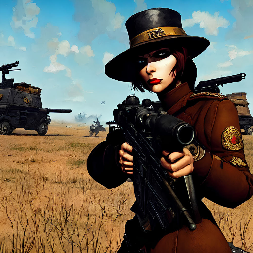 Female sniper with unique hat in battlefield scene with rifle, armored vehicles, helicopter