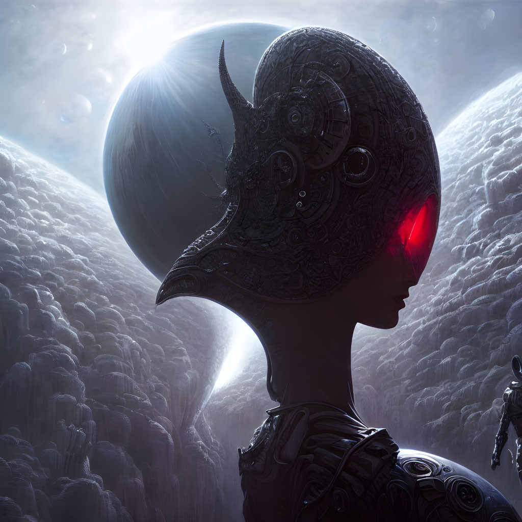 Futuristic humanoid with ornate helmet and red glowing eye in cloudy moonlit scene