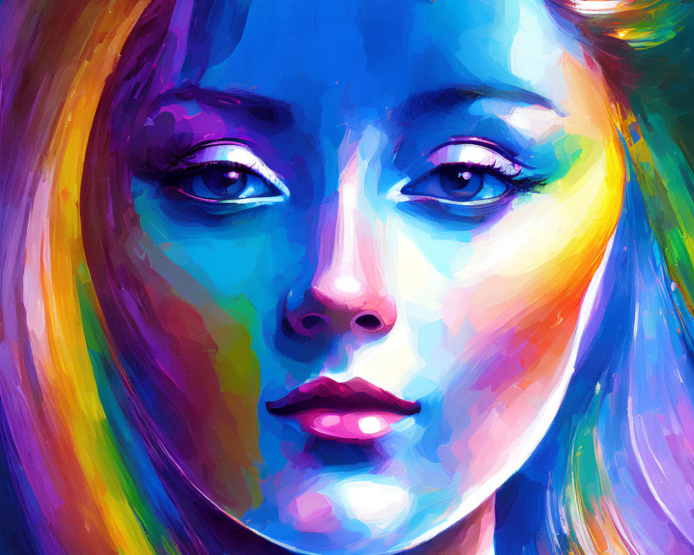 Colorful portrait of a woman with blue and purple hues.