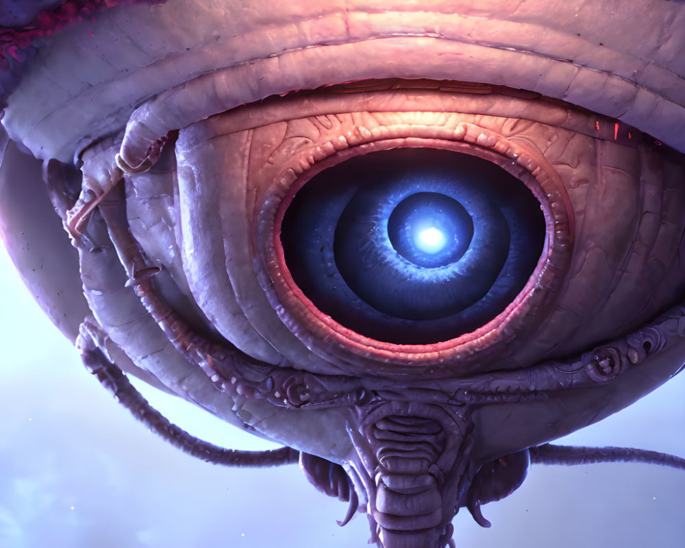 Detailed Eye in Circular Creature Structure with Tentacles on Purple Sky