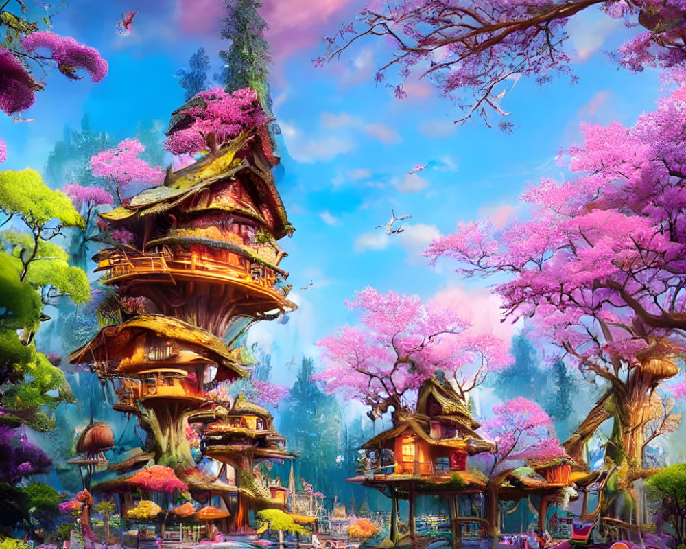 Vibrant fantasy treehouses in pink blossom setting