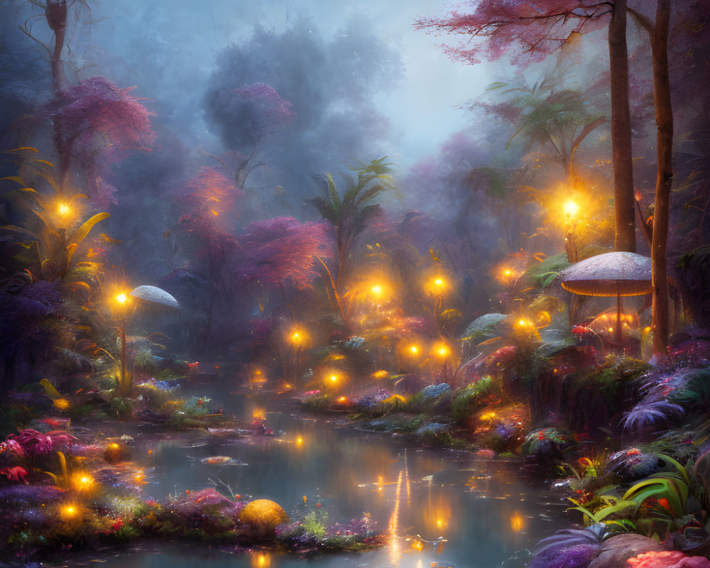 Enchanted forest with glowing lights, large mushrooms, serene pond, colorful foliage