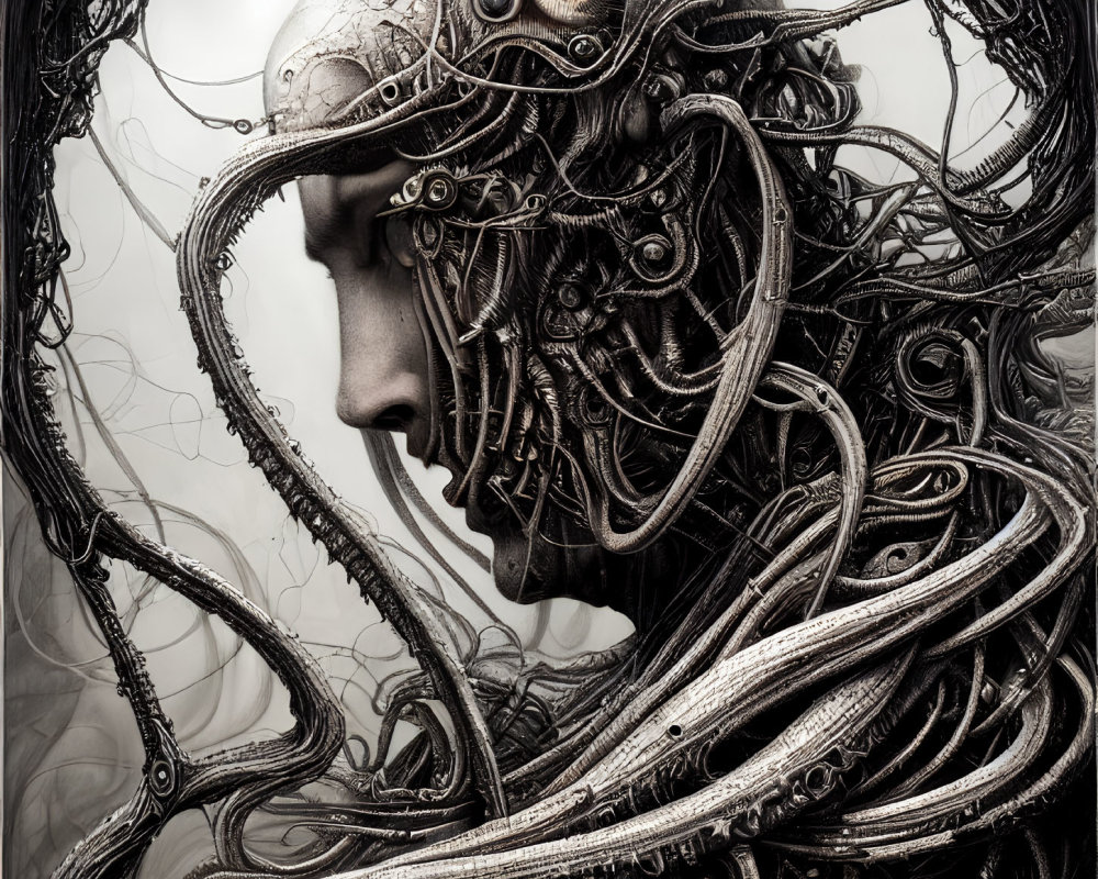 Monochromatic artwork of humanoid figure with intricate mechanical and organic headpiece