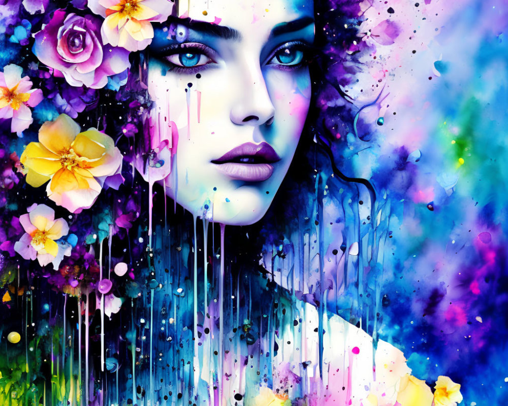Colorful artwork: Woman with blue skin, surrounded by flowers and cosmic paint drips