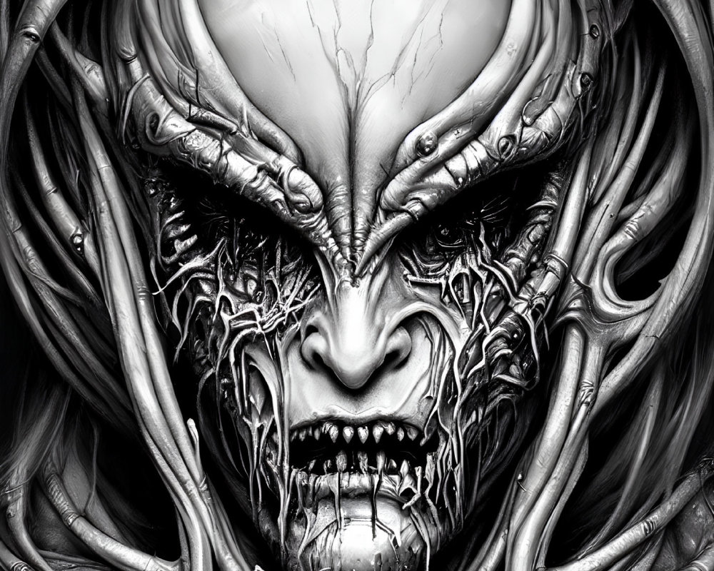 Detailed monochrome alien face with sharp features and organic armor textures