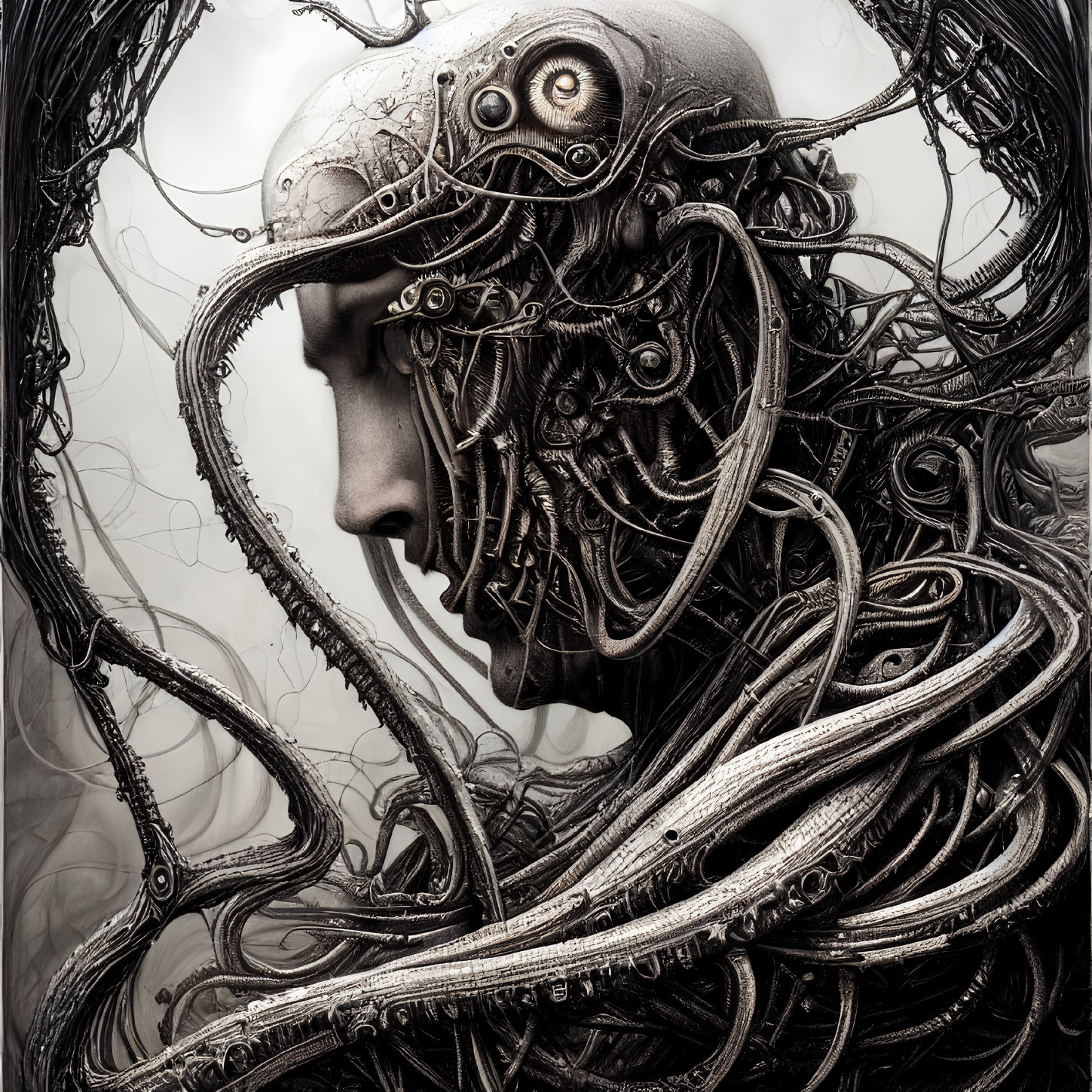 Monochromatic artwork of humanoid figure with intricate mechanical and organic headpiece