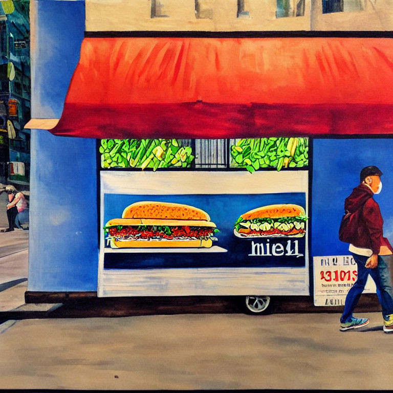 Vibrant street scene with burger cart and pedestrian