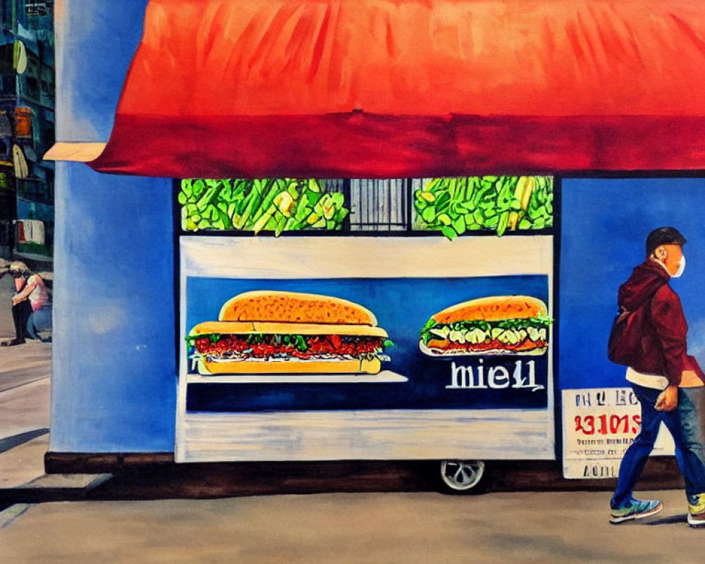 Vibrant street scene with burger cart and pedestrian