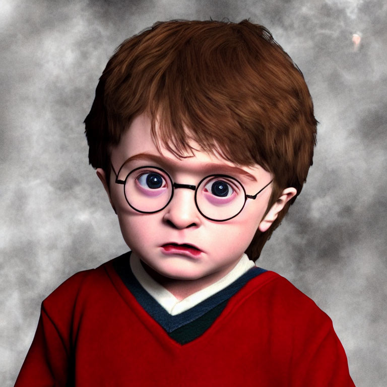 Young Child with Round Glasses and Brown Hair in Red and Blue Shirt on Cloudy Grey Background