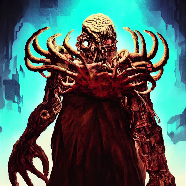 Grotesque cyborg creature with tentacles and glowing red eyes on teal background