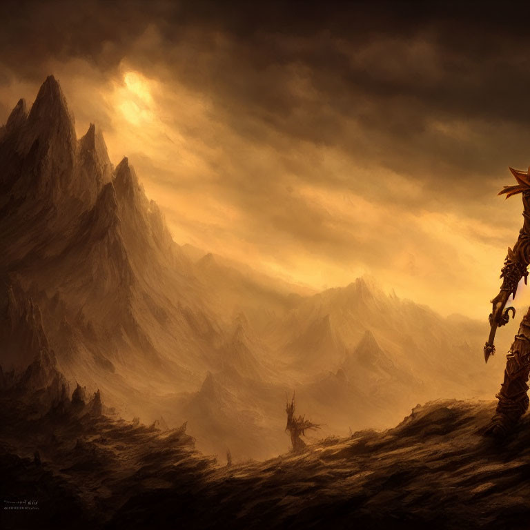 Fantastical landscape with shadowy mountains and cloaked figure