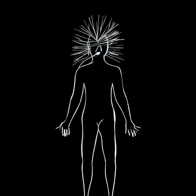Monochrome human figure drawing with radiant head rays on black background