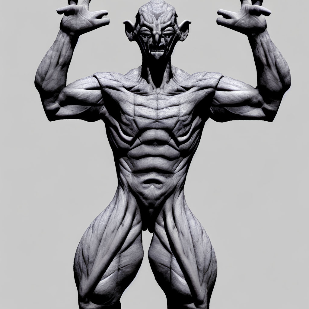 Muscular Gray Figure with Elongated Ears and Fierce Expression