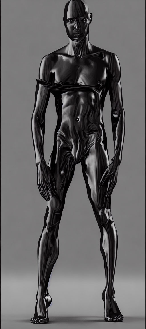 Digital art: Muscular humanoid with metallic skin on grey background