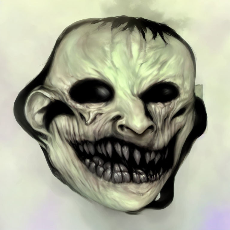 Sinister ghostly skull with eerie grin and sharp teeth in misty background