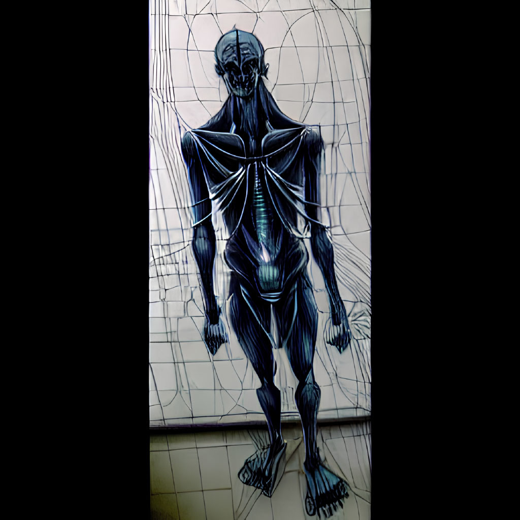 Detailed Human Body Musculature and Skeleton in Blue Tones on Tiled Wall