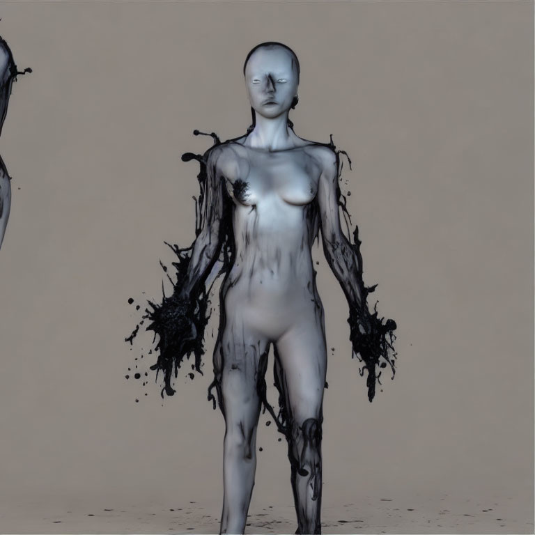 Faceless humanoid figure oozing black liquid on neutral backdrop