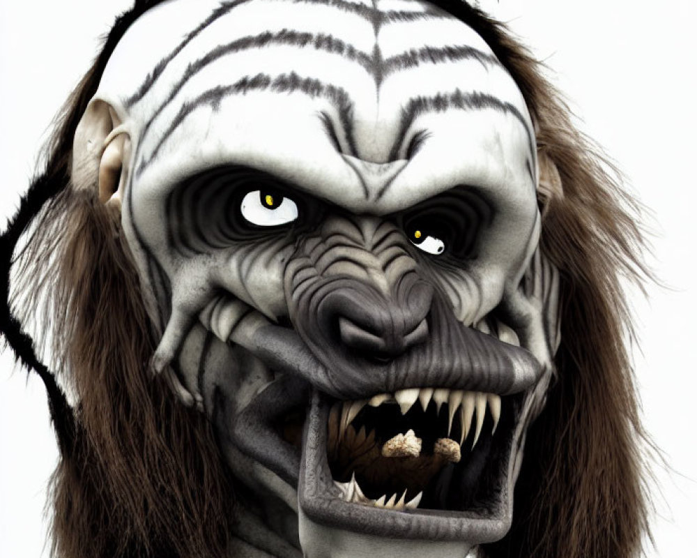 Skull-faced creature with yellow eyes and fangs on white background