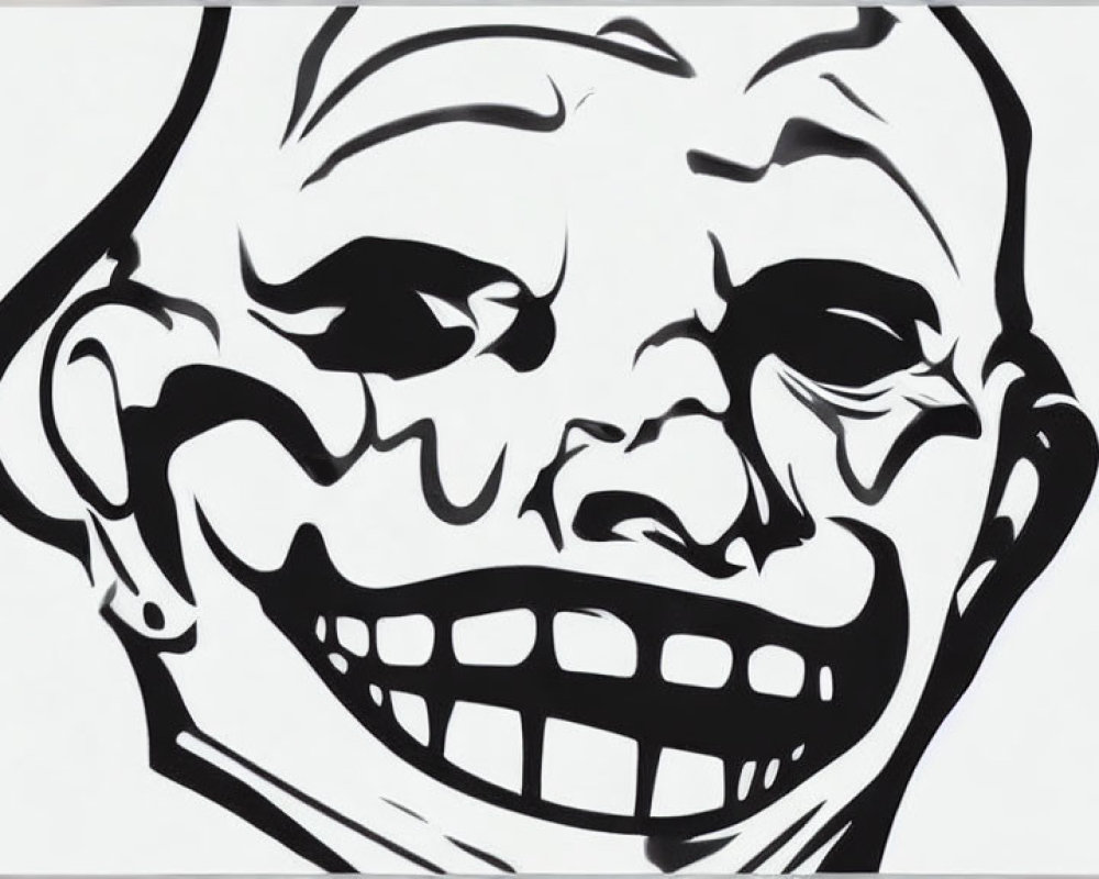 Monochrome illustration of a mischievous grinning face