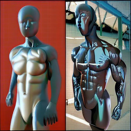 Split-image of humanoid figures: one red and smooth, the other blue and muscular.